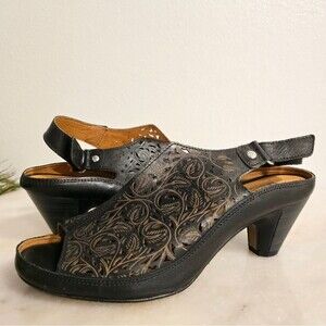 PIKOLINOS Java W5A Black Leather Leaf Laser Cut Sling Back Heeled Sandals 7.5
